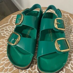 Birkenstock Milano Emerald Sandals with Gold Buckles